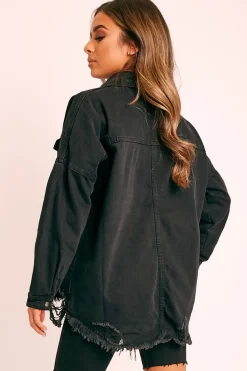 Rebellious Fashion Black Distressed Denim Oversized Shirt - Deena
