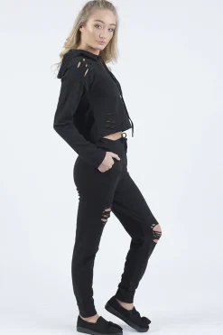 Rebellious Fashion Black Distressed Hoodie Tracksuit - Mollie