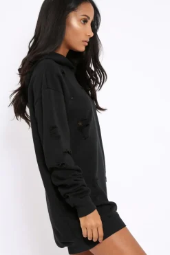 Rebellious Fashion Black Distressed Oversized Hoodie - Khloe