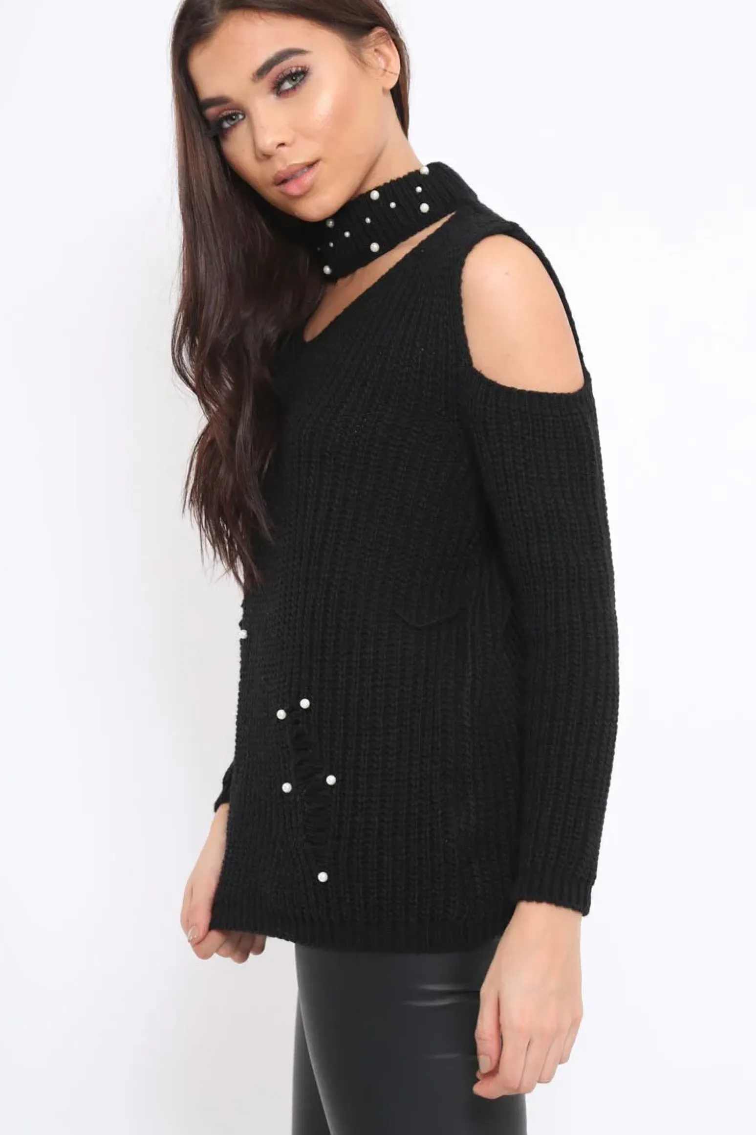 Rebellious Fashion Black Distressed Pearl Chunky Knit Jumper - Narla