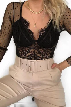Rebellious Fashion Black Dobby Mesh Low Cut Bodysuit - Tamara