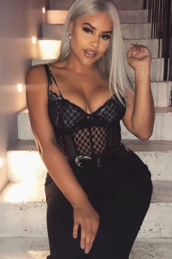 Rebellious Fashion Black Dobby Mesh Polka Dot Bodysuit - Alaira