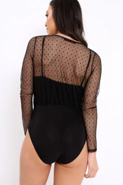 Rebellious Fashion Black Dobby Mesh Wrap Front Bodysuit - Rachael