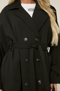 Rebellious Fashion Black Double Breasted Tie Sleeve Longline Oversized Trench Coat - Annmarie