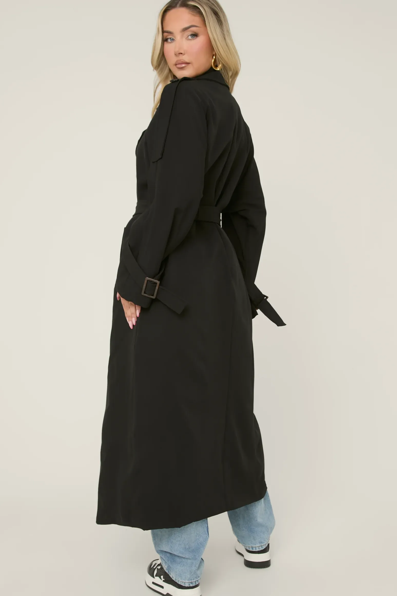 Rebellious Fashion Black Double Breasted Tie Sleeve Longline Oversized Trench Coat - Annmarie