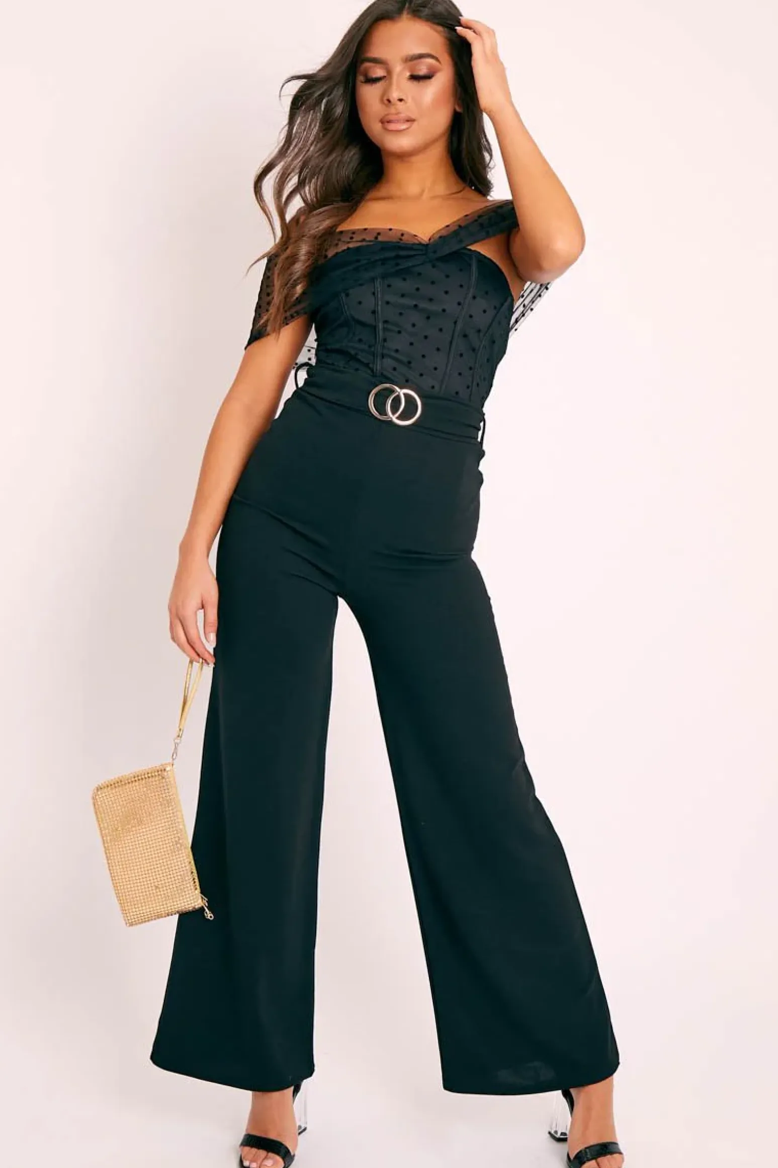 Rebellious Fashion Black Double Circle Buckle Belted Wide Leg Trousers - Darbi