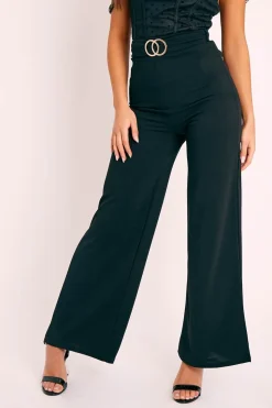 Rebellious Fashion Black Double Circle Buckle Belted Wide Leg Trousers - Darbi