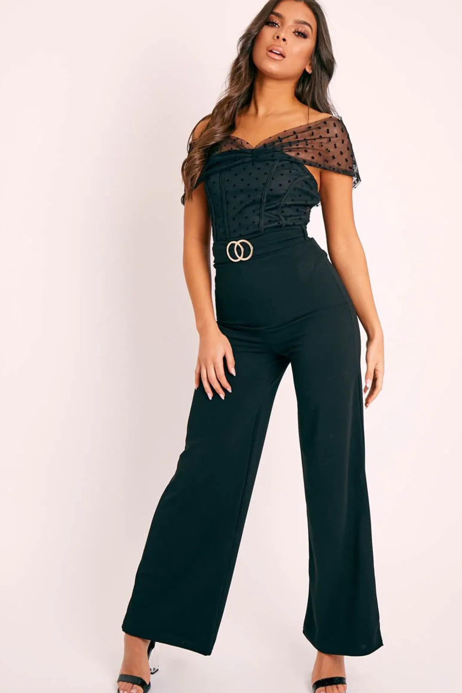 Rebellious Fashion Black Double Circle Buckle Belted Wide Leg Trousers - Darbi