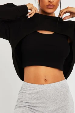 Rebellious Fashion Black Double Layer Crop Sweatshirt - Jannie