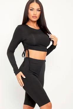 Rebellious Fashion Black Double Layer Ruched Top and Cycling Shorts Co-ord - Gwen