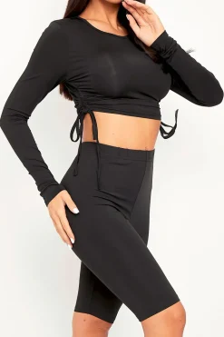 Rebellious Fashion Black Double Layer Ruched Top and Cycling Shorts Co-ord - Gwen