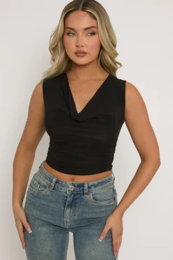 Rebellious Fashion Black Drape Front Cowl Top - Jaime
