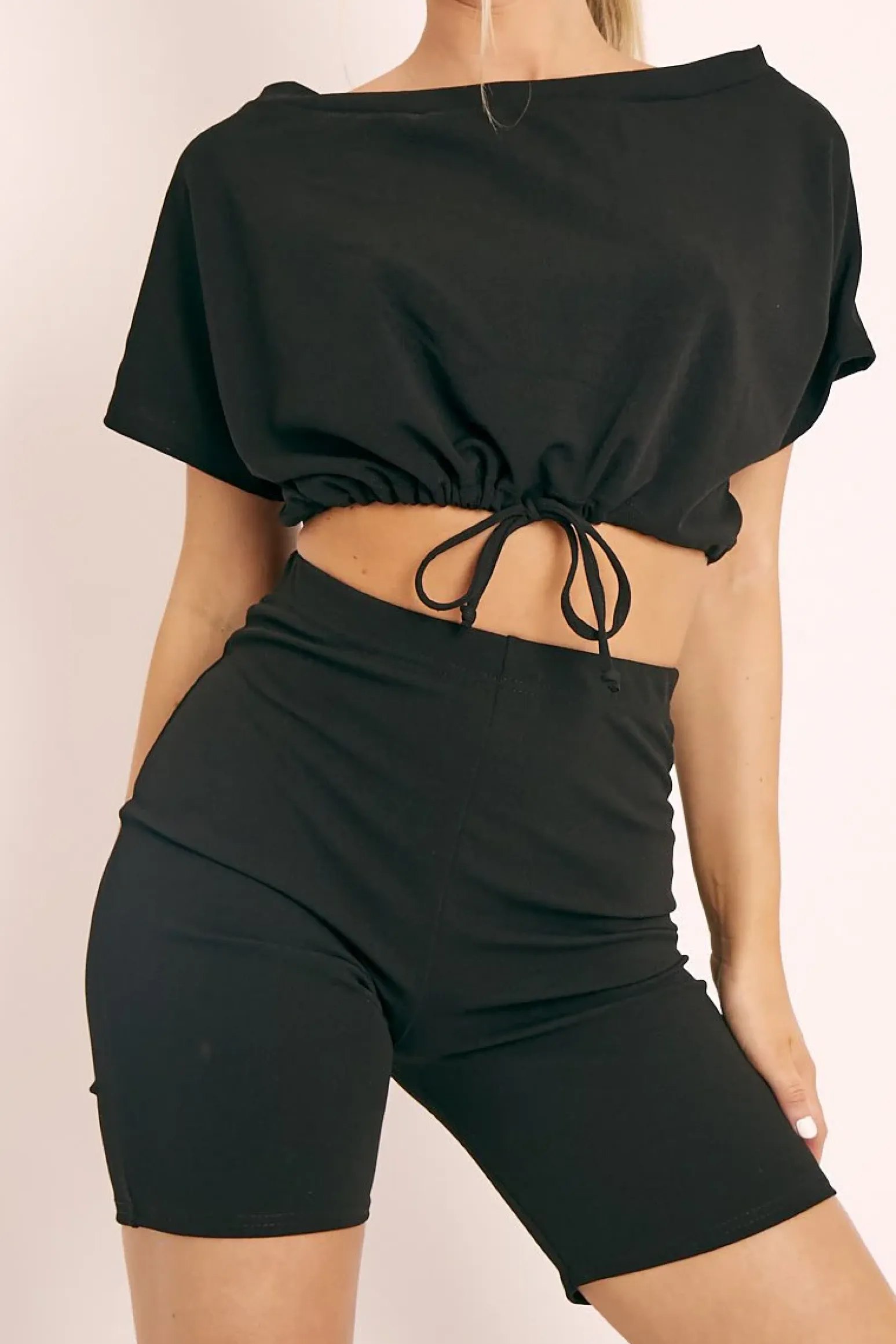 Rebellious Fashion Black Drawstring Top Cycling Short Loungewear Co-ord - Krissa