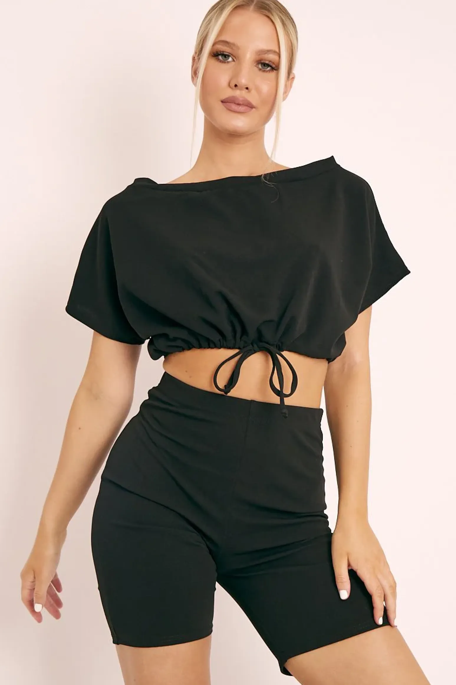 Rebellious Fashion Black Drawstring Top Cycling Short Loungewear Co-ord - Krissa