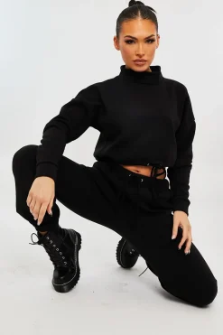Rebellious Fashion Black Drawstring Waist Jumper and Joggers Co-ord - Kayla