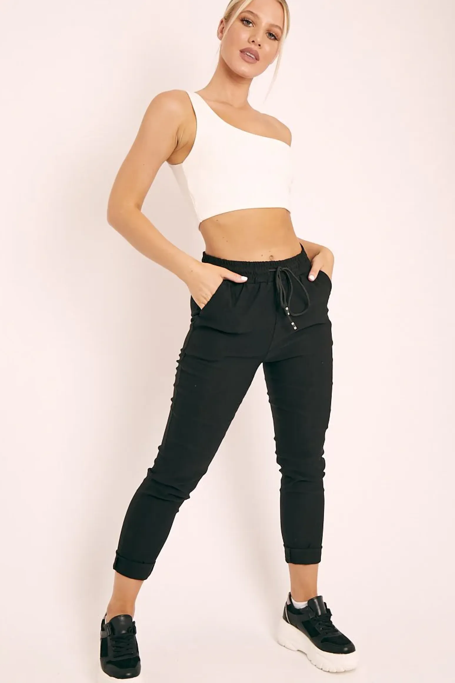 Rebellious Fashion Black Drawstring Waist Trousers - Maddi