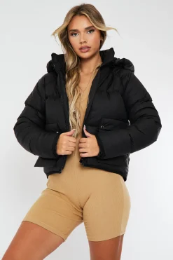 Rebellious Fashion Black Dropped Hem Front Pocket Puffer Jacket - Amelia