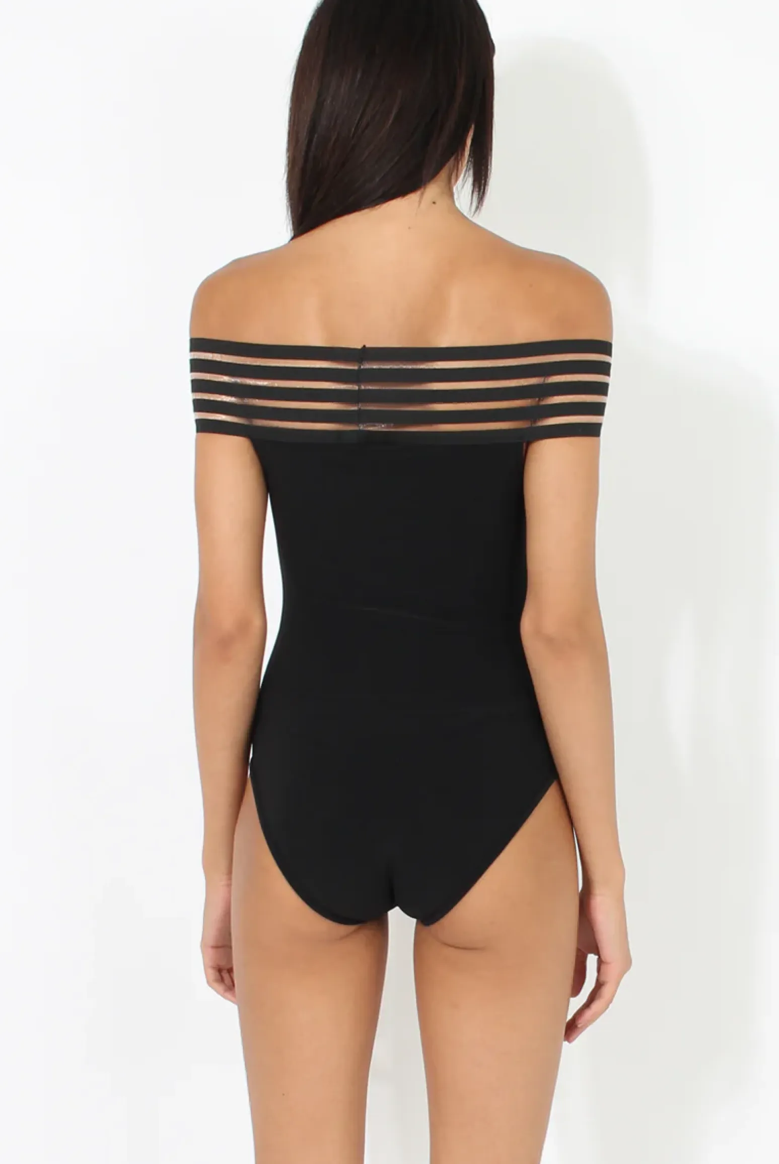 Rebellious Fashion Black Elasticated Bardot Bodysuit - Jill
