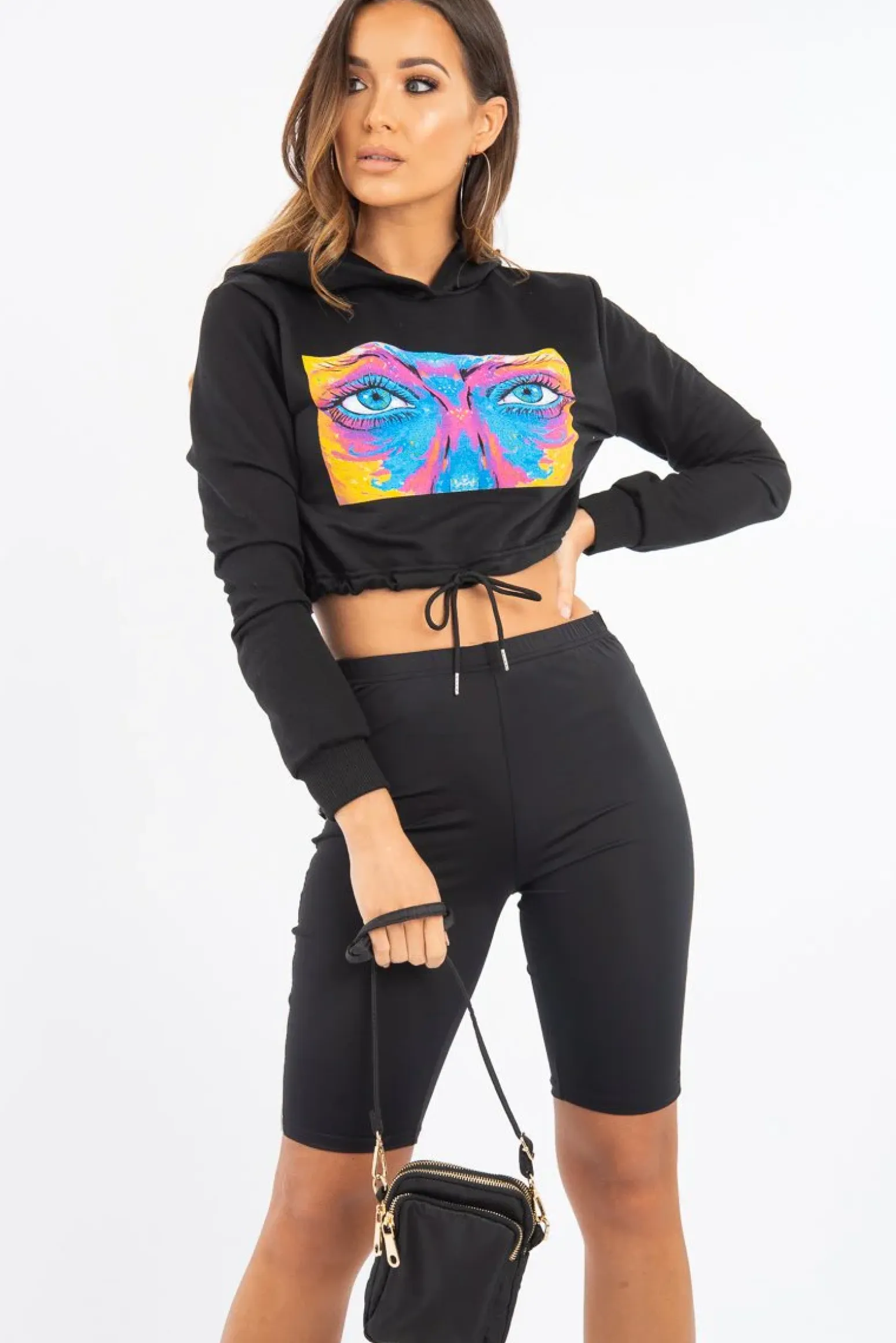Rebellious Fashion Black Elasticated Cropped Hoodie with Graphic Print - Montanna