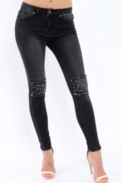 Rebellious Fashion Black Embellished Knees Denim Jeans - Kadi