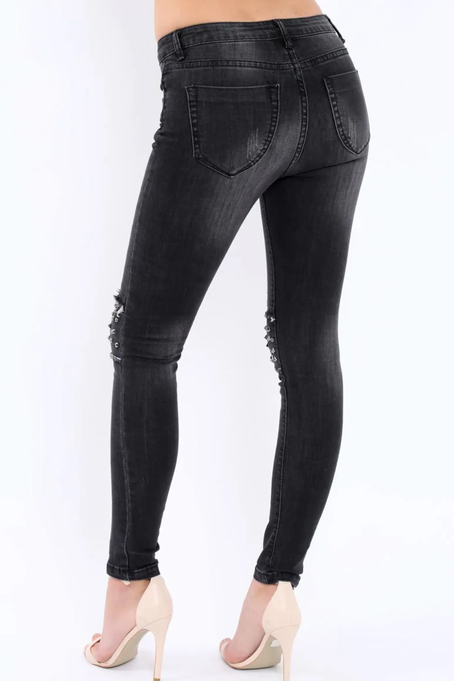 Rebellious Fashion Black Embellished Knees Denim Jeans - Kadi