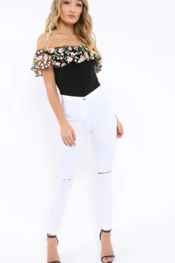 Rebellious Fashion Black Embroidered Bardot Bodysuit - Diya