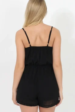 Rebellious Fashion Black Embroidered Fringe Playsuit - Kinsley