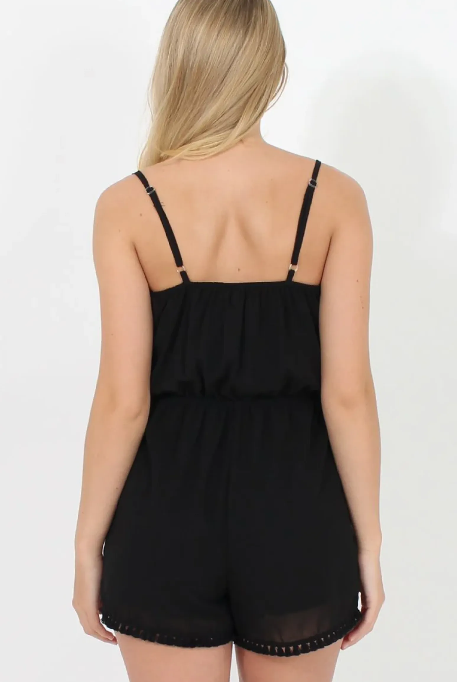 Rebellious Fashion Black Embroidered Fringe Playsuit - Kinsley