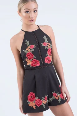 Rebellious Fashion Black Embroidered High Neck Playsuit - Maya