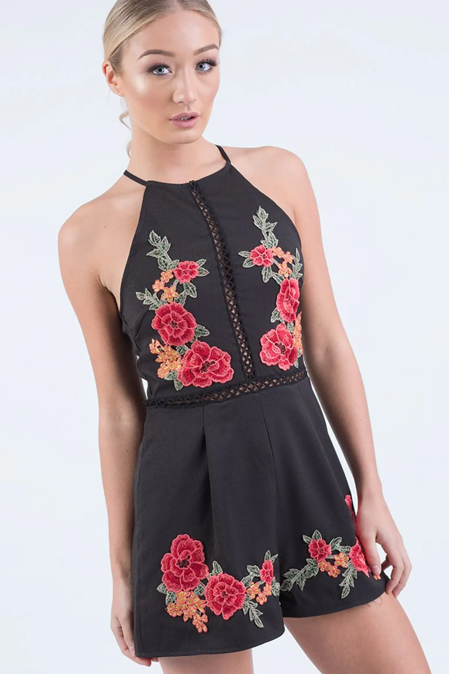 Rebellious Fashion Black Embroidered High Neck Playsuit - Maya