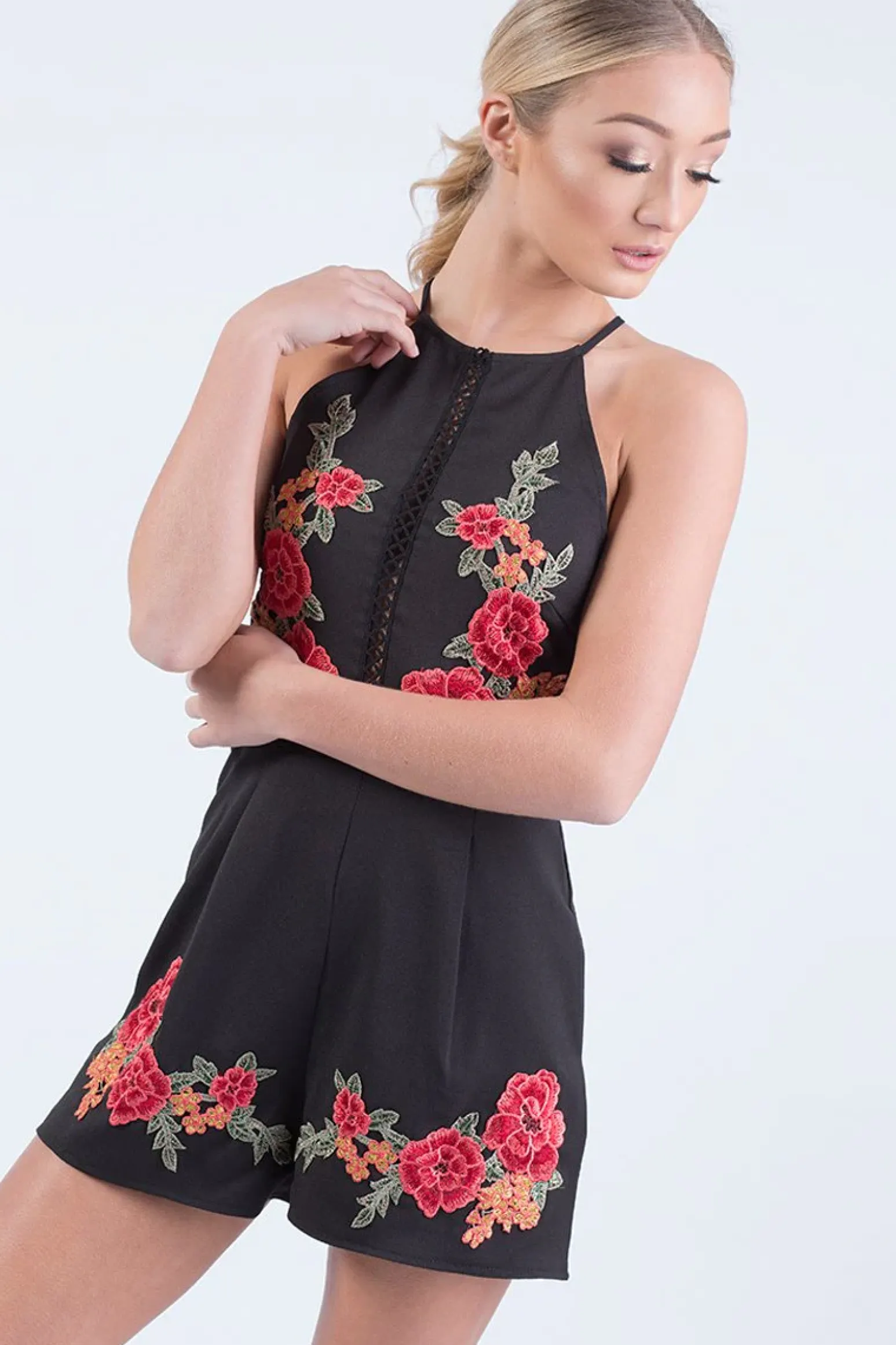 Rebellious Fashion Black Embroidered High Neck Playsuit - Maya