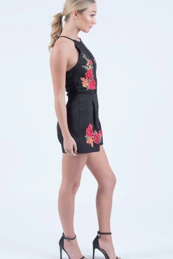 Rebellious Fashion Black Embroidered High Neck Playsuit - Maya