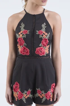 Rebellious Fashion Black Embroidered High Neck Playsuit - Maya