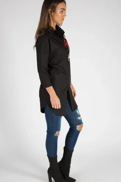 Rebellious Fashion Black Embroidered Oversized Shirt - Kate