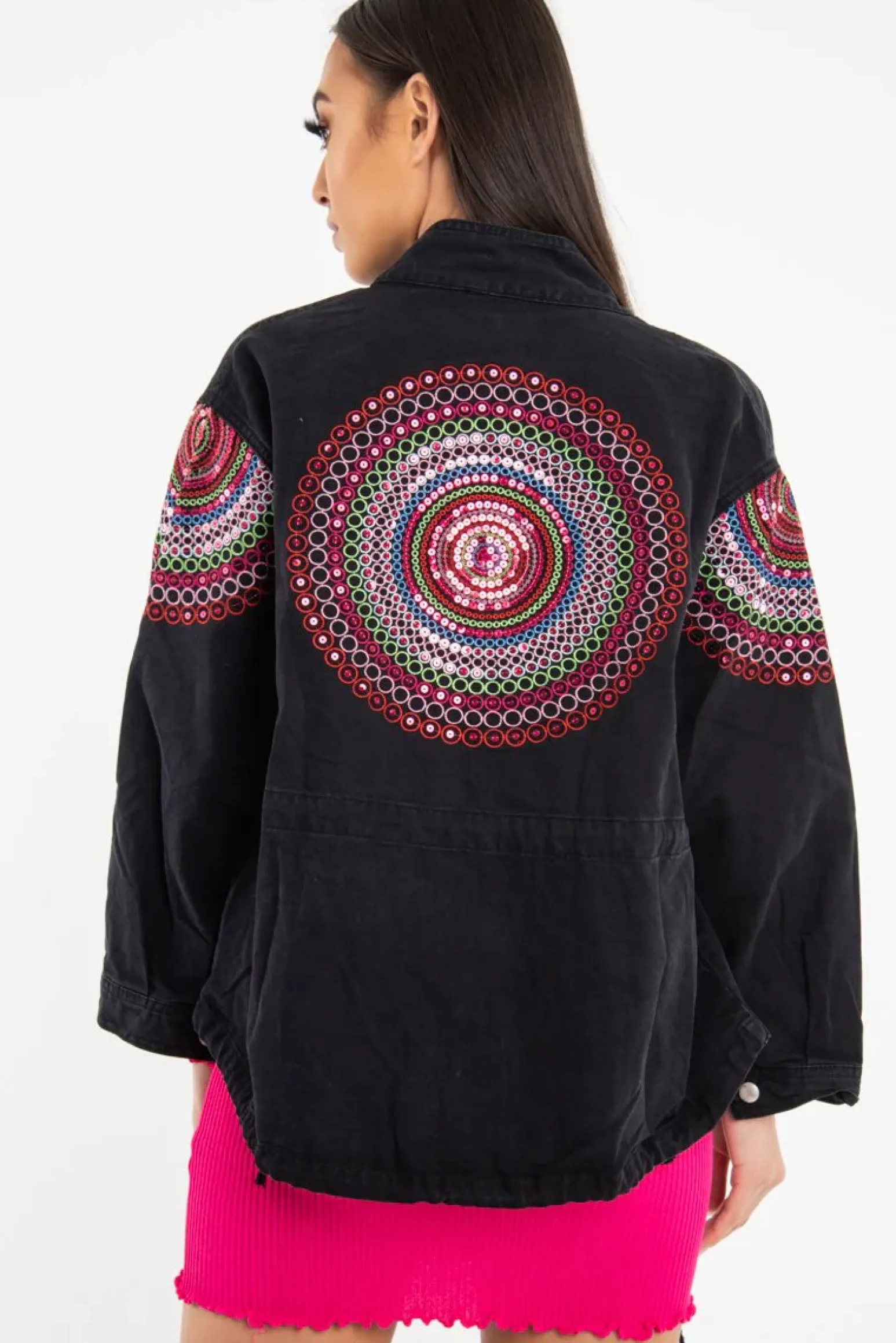 Rebellious Fashion Black Embroidered Sequin Parka Denim Jacket - Laicee