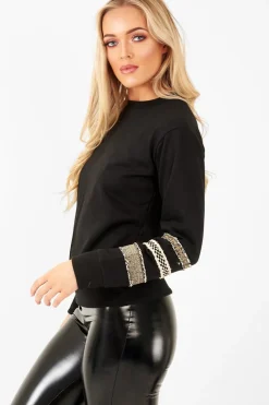 Rebellious Fashion Black Embroidered Sleeve Sweatshirt - Shayana