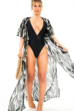 Rebellious Fashion Black Extreme Plunge Belted Swimsuit - Elvi