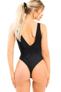 Rebellious Fashion Black Extreme Plunge Belted Swimsuit - Elvi
