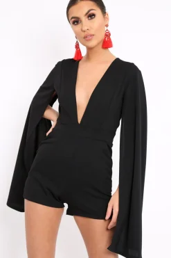 Rebellious Fashion Black Extreme Plunge Cape Playsuit - Haylo