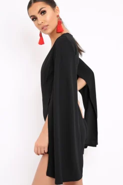 Rebellious Fashion Black Extreme Plunge Cape Playsuit - Haylo