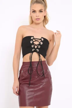 Rebellious Fashion Black Eyelet Lace Up Bandeau Crop Top - Jolene