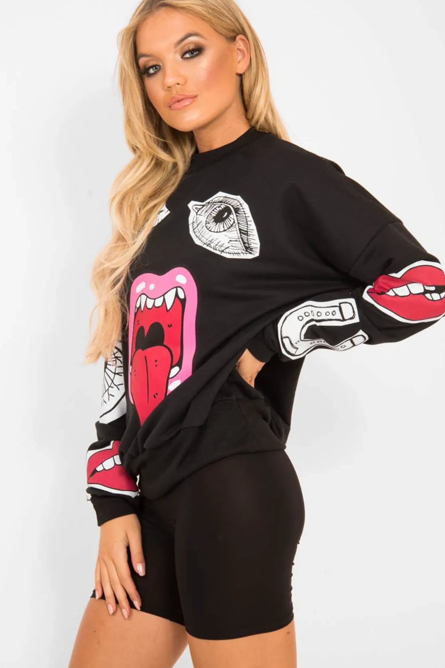 Rebellious Fashion Black Eyes Lips Printed Sweatshirt - Beckie