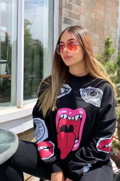 Rebellious Fashion Black Eyes Lips Printed Sweatshirt - Beckie