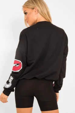 Rebellious Fashion Black Eyes Lips Printed Sweatshirt - Beckie