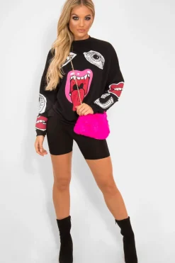 Rebellious Fashion Black Eyes Lips Printed Sweatshirt - Beckie