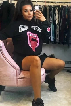 Rebellious Fashion Black Eyes Lips Printed Sweatshirt - Beckie