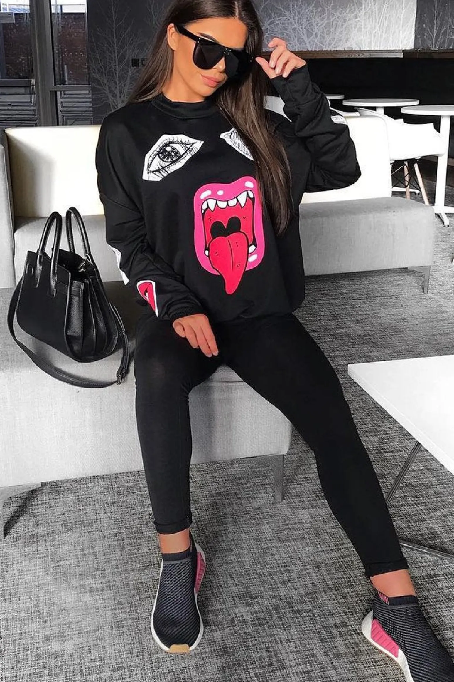 Rebellious Fashion Black Eyes Lips Printed Sweatshirt - Beckie