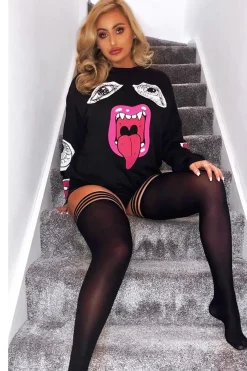 Rebellious Fashion Black Eyes Lips Printed Sweatshirt - Beckie