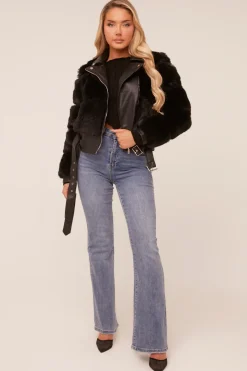 Rebellious Fashion Black Faux Fur Biker Jacket - Chelsey