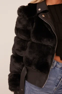 Rebellious Fashion Black Faux Fur Biker Jacket - Chelsey